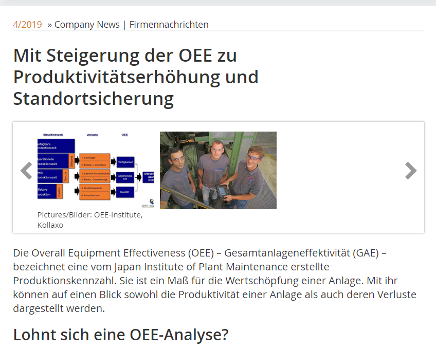 Mit Steigerung der OEE zu Produktivitätserhöhung und Standortsicherung